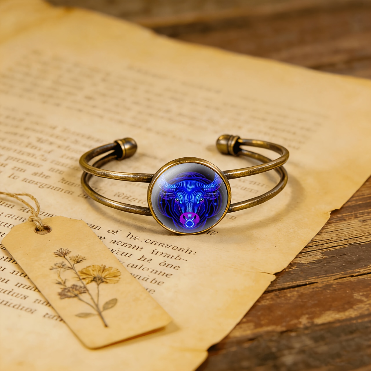 Ancient Cyan Double Layer Adjustable Open Bangle, Blue Bull Head